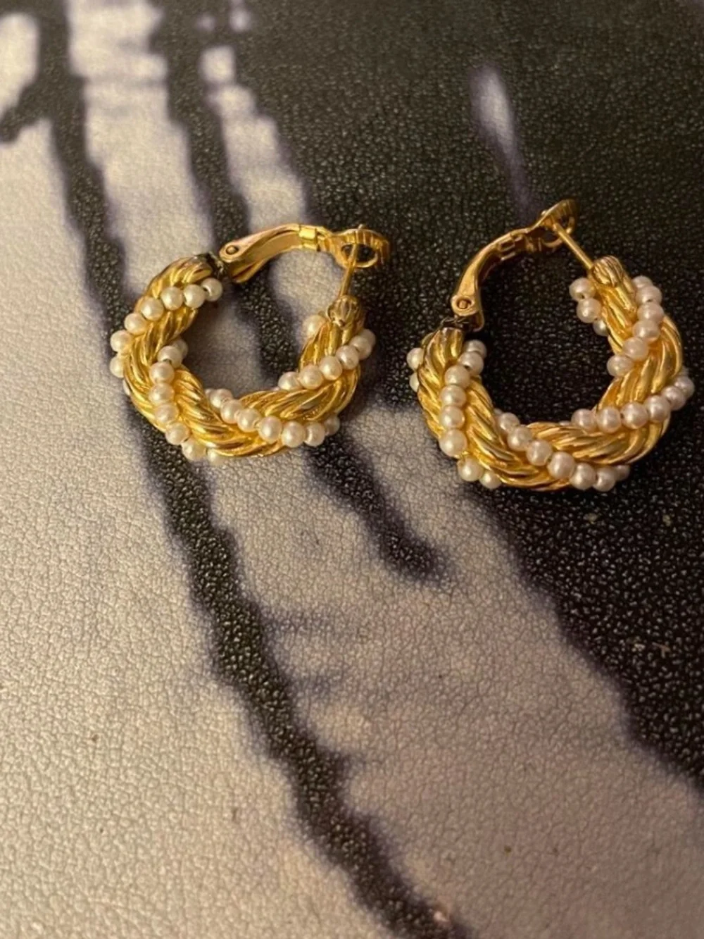 Gold Braided Hoop Earrings with Pearl Accents